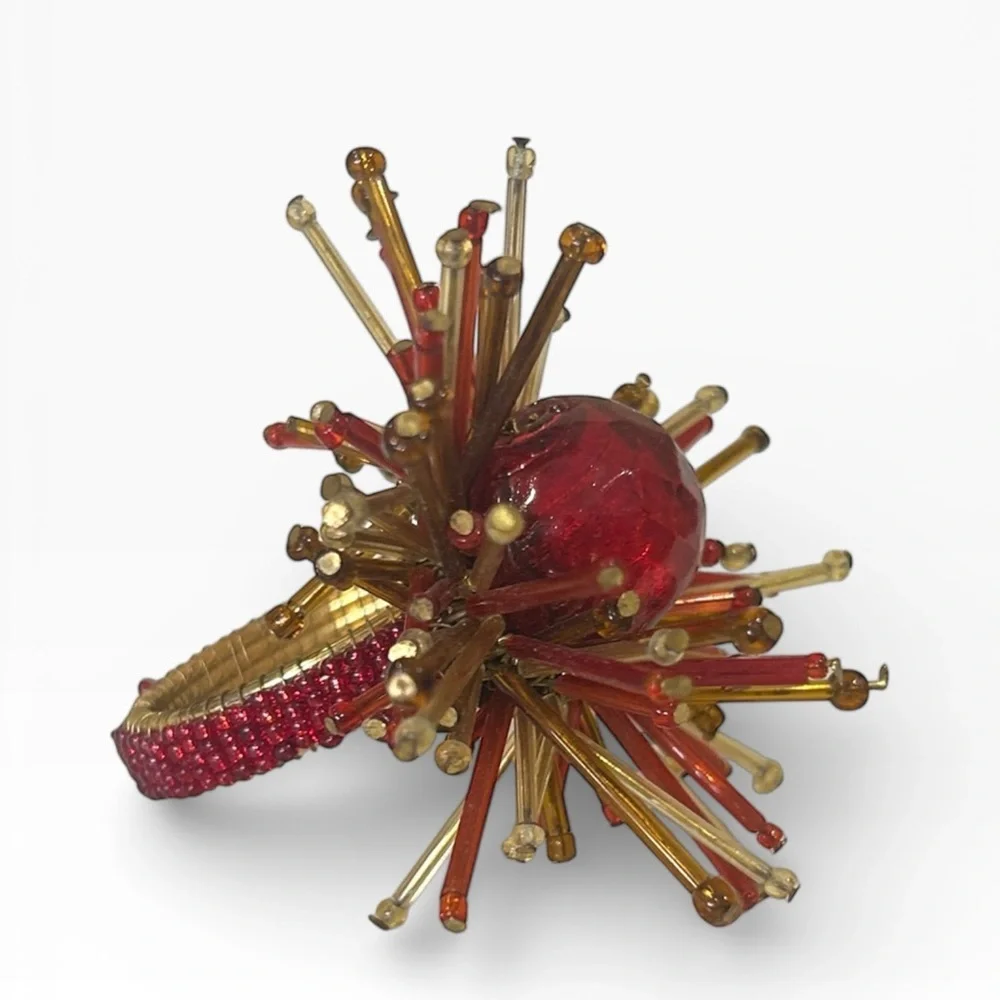 Vintage Pier 1 Atomic Starburst Red Beaded Napkin Ring Set of 6